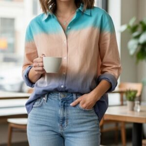 Skinnygirl Carlee Ombré Poplin Button-Down Shirt - Aqua Sky